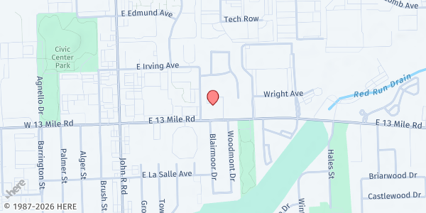 Map showing MP-Madison Heights Church of Nazarene at 555 East Thirteen Mile Road, Madison Heights, MI