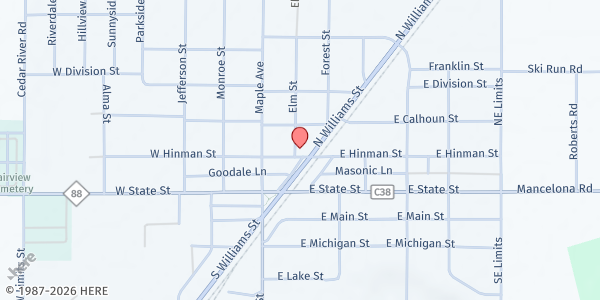 Map showing Mancelona United Methodist Church at 117 Hinman Street, Mancelona, MI