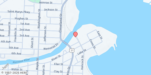 Map showing Love Inc Of Manistee - Food Distribution Center at 30 Jones St, Manistee, MI