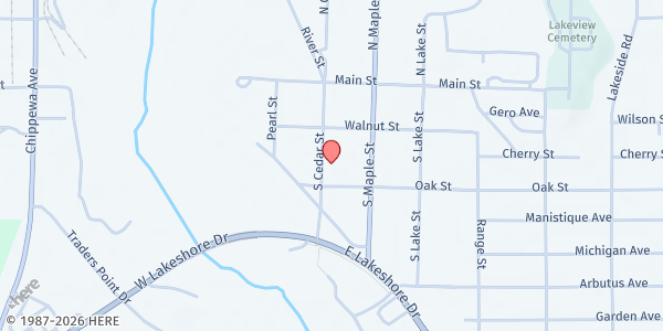 Map showing St. Vincent DePaul Service Center at 231 S. Cedar Street, Manistique, MI