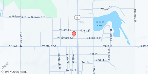 Map showing Manton Food Pantry at Manton Free Methodist Church at 201 N Michigan Avenue, Manton, MI
