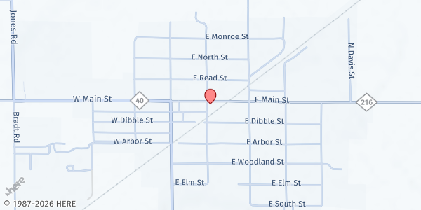 Map showing Marcellus Community Food Pantry - Food Distribution Center at 214 E Main St, Marcellus, MI