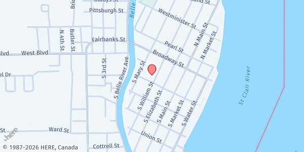 Map showing Down River Bread of Life N.C at 156 S. William St., Marine City, MI