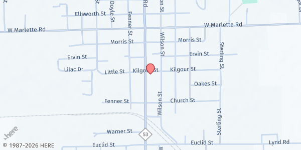 Map showing Marlette First United Methodist Church at 3155 Main St., Marlette, MI