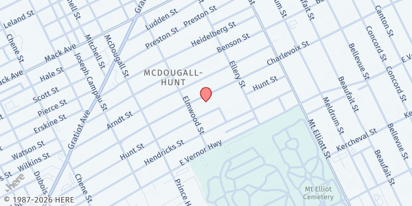 Map showing Franklin Wright Settlements at 3360 Charlevoix Street, McDougall-Hunt, MI