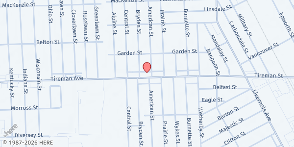 Map showing Unity Baptist Church at 7500 Tireman Avenue, Midwest, MI