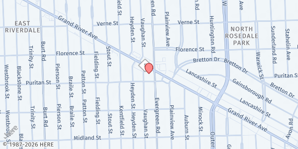 Map showing Pure Word Missionary Baptist Church at 20011 Grand River Avenue, Miller Grove, MI