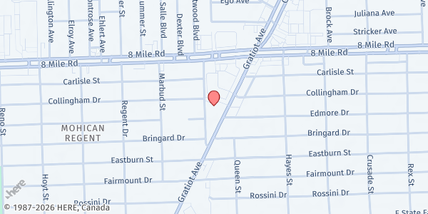 Map showing Lift Up a Child at Greater St. Paul forgotten harvest at 15325 Gratiot Avenue, Mohican Regent, MI