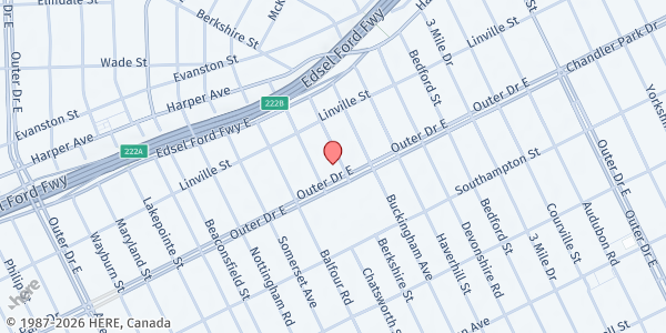 Map showing Bethany Lutheran Church at 11475 Outer Drive East, Morningside, MI