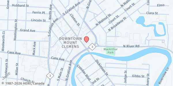 Map showing MP – Safe Place Vets at 14 Market Street, Mount Clemens, MI