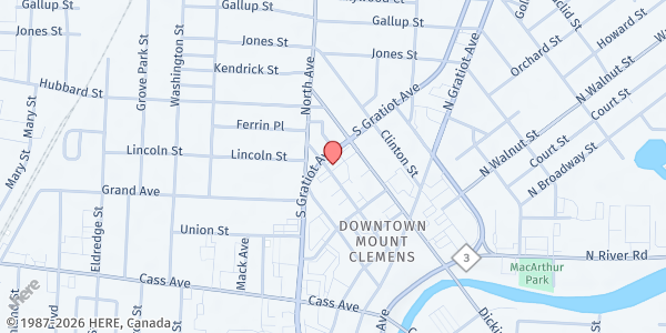 Map showing St. Peter's Catholic Church at 110 New Street, Mount Clemens, MI