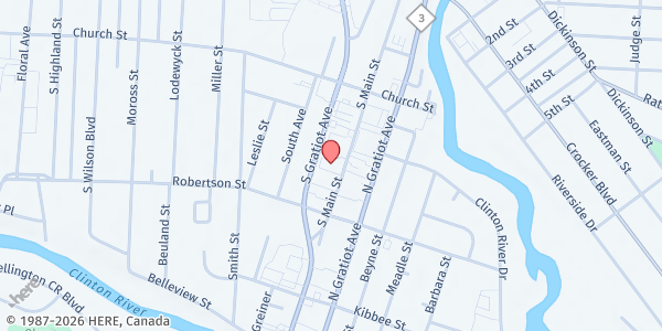 Map showing The Worship Center at 176 South Main Street, Mount Clemens, MI