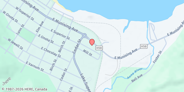 Map showing Alger Community Food Pantry at 414 E Muinising Ave, Munising, MI