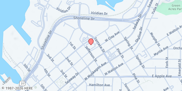 Map showing Baker College at 801 Terrace Street, Muskegon, MI
