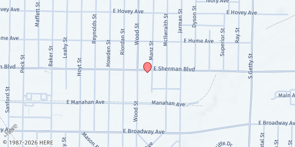 Map showing Beulah Missionary Baptist Church at 2601 Manz Street, Muskegon, MI