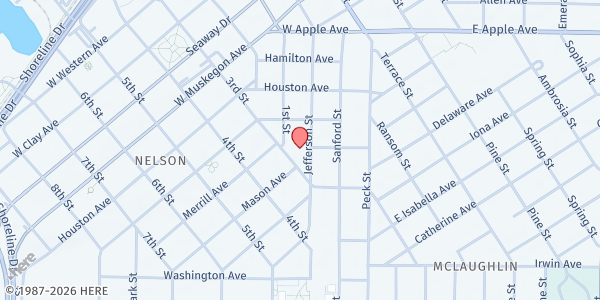Map showing First Congregational Church UCC at 1201 Jefferson Street, Muskegon, MI