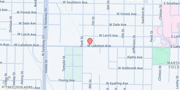 Map showing Muskegon Rescue Mission at 400 W. Laketon Avenue, Muskegon, MI