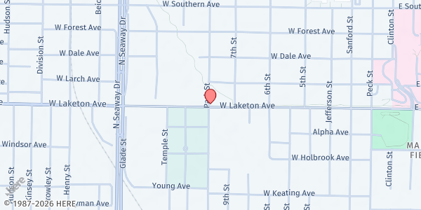 Map showing Muskegon Rescue Mission Men's Shelter at 400 W Laketon Ave, Muskegon, MI