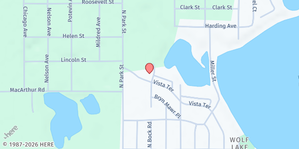 Map showing Wolf Lake United Methodist Church Food Pantry at 378 Vista Terrace, Muskegon, MI