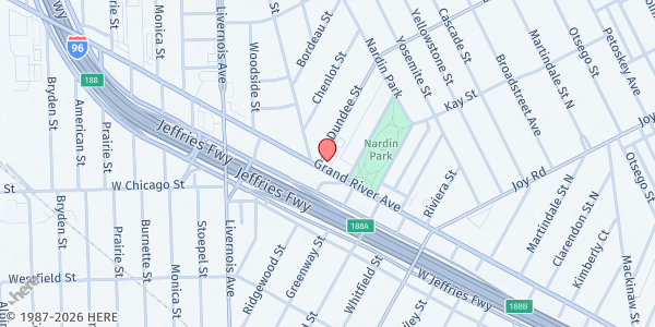 Map showing New Light Baptist Church at 9550 Grand River Avenue, Nardin Park, MI