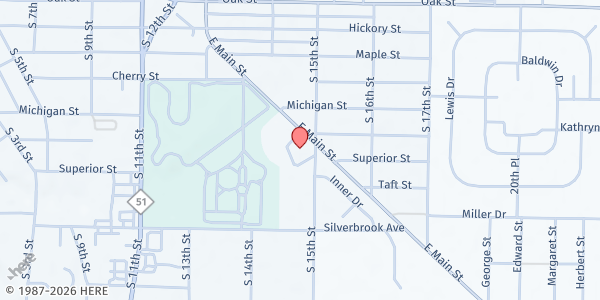 Map showing First Baptist Church at 1446 E. Main Street, Niles, MI