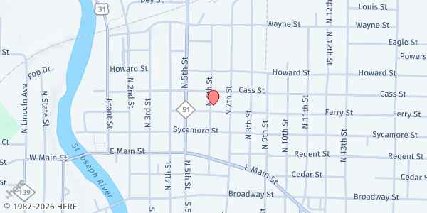 Map showing Mt. Calvary Missionary Baptist Church at 601 Ferry Street, Niles, MI