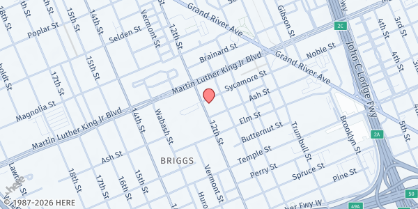 Map showing Greater Dequindre Church of God - Lifeline Food Pantry at 1847 Sycamore Street, North Corktown, MI