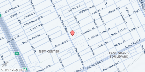 Map showing Metropolitan United Methodist at 8000 Woodward Avenue, North End, MI