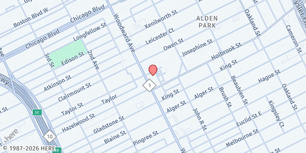 Map showing MP-Historic Little Rock Missionary Baptist Church at 9000 Woodward Avenue, North End, MI