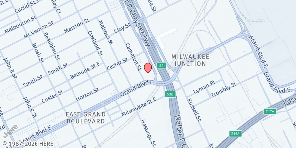 Map showing Triumph Church at 2760 East Grand Boulevard, North End, MI