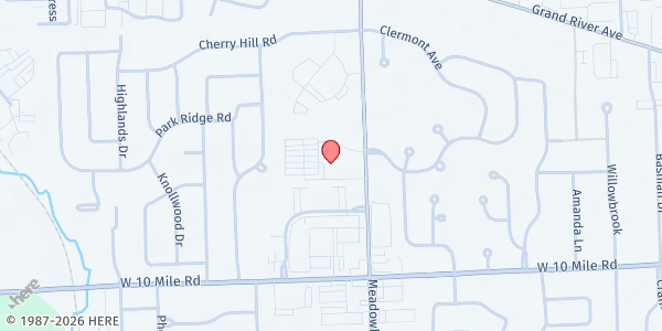 Map showing Catholic Church of the Holy Family at 24505 Meadowbrook Rd, Novi, MI