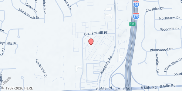 Map showing JVRF UNIFIED INC - Novi at 39555 Orchard Hill Place, Novi, MI