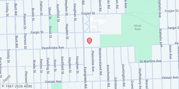 Map showing Corpus Christi Parish at 19800 Pembroke Avenue, O'hair Park, MI