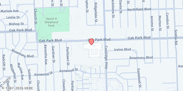 Map showing Oak Park High School, Gleaners mobile pantry at 13701 Oak Park Boulevard, Oak Park, MI