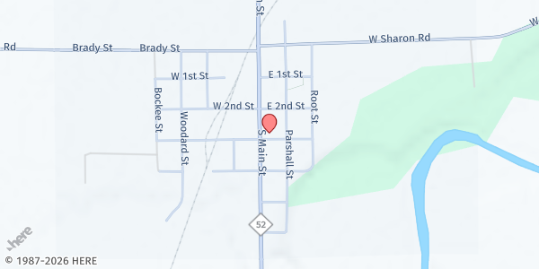 Map showing Oakley Community Church at 327 S. Main St., Oakley, MI
