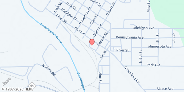 Map showing Ontonagon Emergency Food Pantry St. Vincent de Paul at 205 Quartz Street, Ontonagon, MI