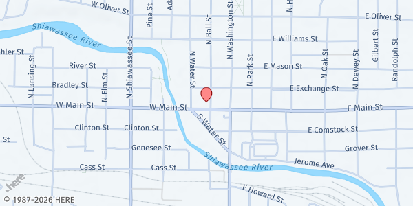 Map showing Owosso Community Outreach Center at 200 W Main St, Owosso, MI