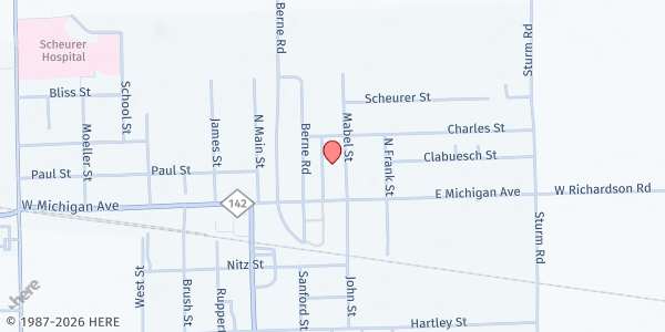 Map showing Salem Church at 23 Mabel St, Pigeon, MI