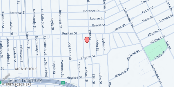 Map showing Greater Northwest COGIC at 15811 Rosa Parks Boulevard, Pilgrim Village, MI