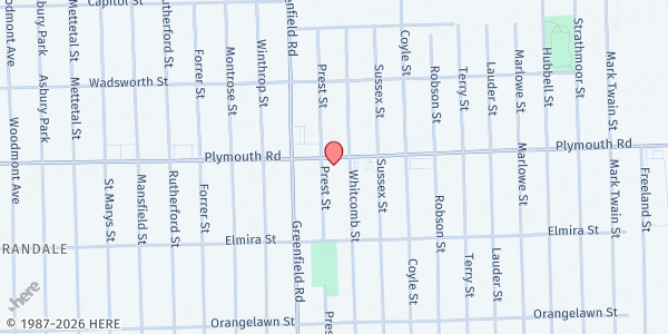 Map showing Scott Memorial United Methodist Church at 15361 Plymouth Road, Plymouth-Hubbell, MI