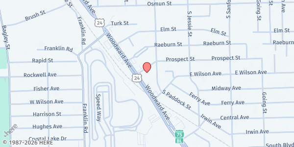 Map showing New Springfield Missionary Baptist Church of Pontiac at 124 Prospect Street, Pontiac, MI