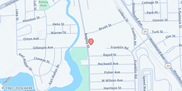 Map showing Providence Missionary Baptist at 299 Bagley St, Pontiac, MI