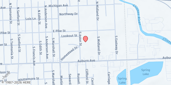 Map showing St. Stephens Baptist Church at 69 South Astor Street, Pontiac, MI