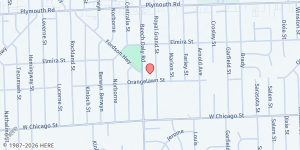 Map showing Brightmoor Aldersgate United Methodist Church at 10000 Beech Daly, Redford, MI