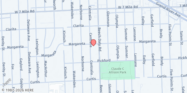 Map showing Redford Interfaith Relief at 18499 Beech Daly, Redford, MI