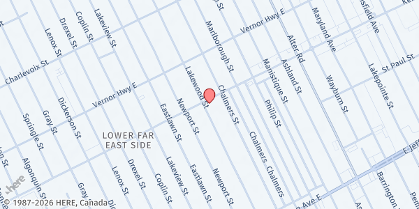 Map showing St. John Community Center at 14320 Kercheval Avenue, Riverbend, MI
