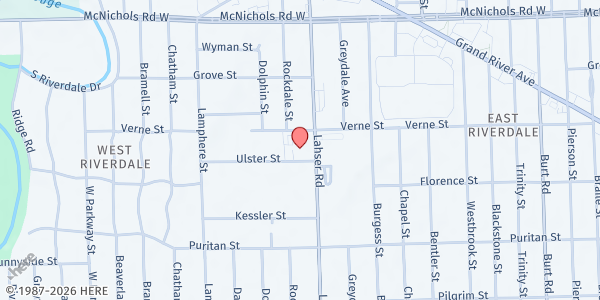 Map showing Brightmoor Connection Food Pantry at 16621 Lahser Road, Riverdale, MI