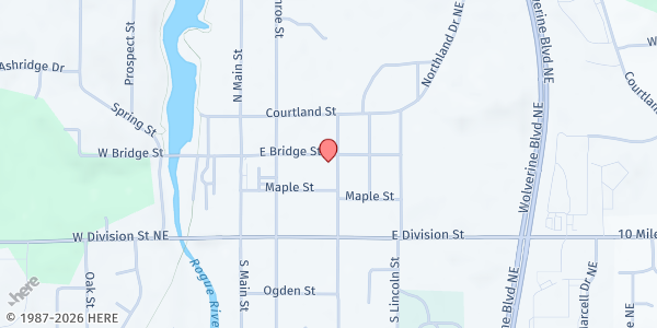 Map showing First Congregational Church of Rockford UCC at 192 E. Bridge St, Rockford, MI
