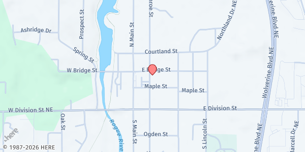 Map showing Kent District Library - Krause Memorial Branch (Gather 2 Grow) at 140 E. Bridge Street NE, Rockford, MI