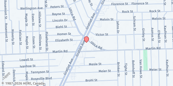 Map showing Sacred Heart Conference SVDP at 18430 Utica Road, Roseville, MI